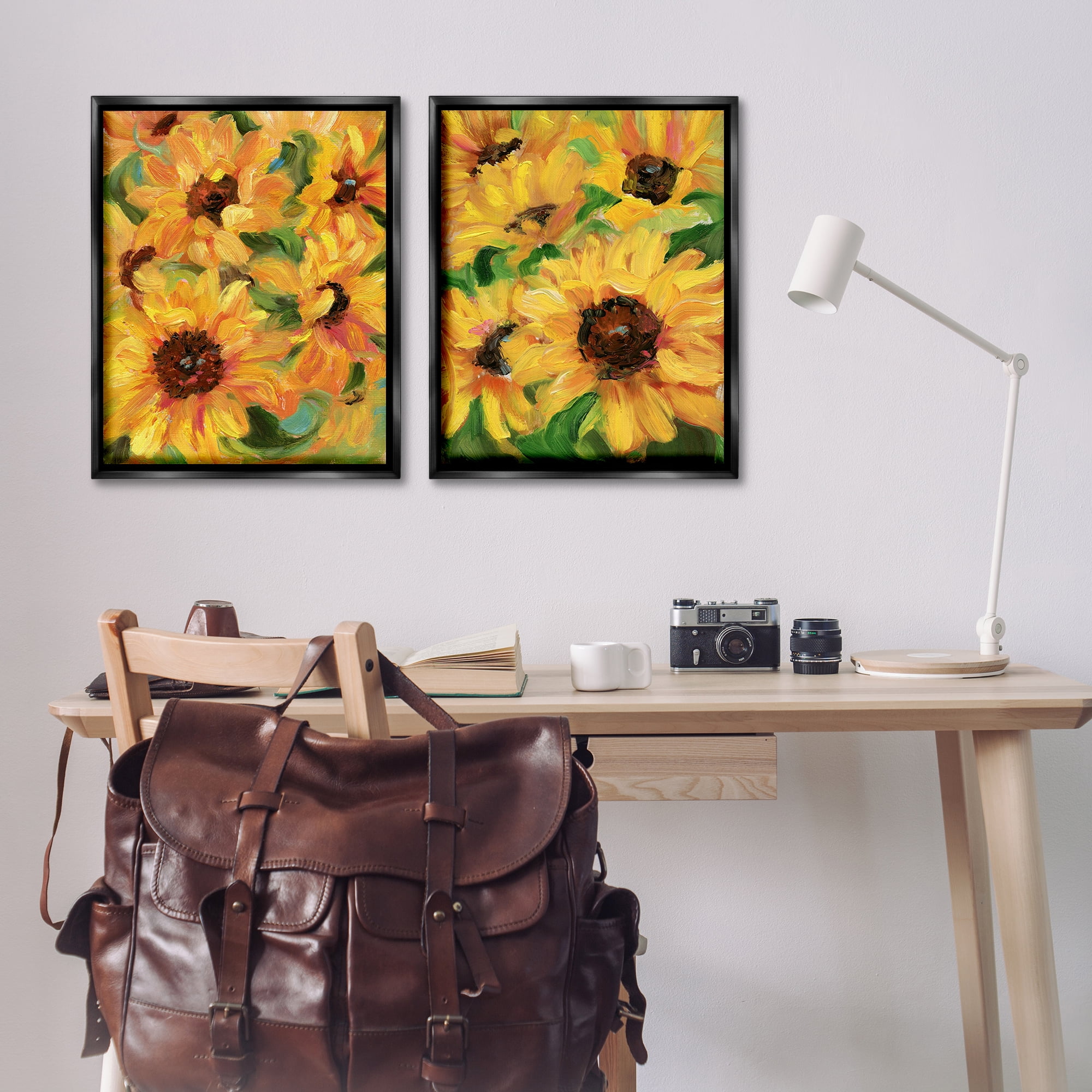 Stupell Industries Abstract Large Sunflower Blooms Plants & Flowers Painting Black Floater Framed Canvas Art Print Wall Art, 31 x 25, Set of 2