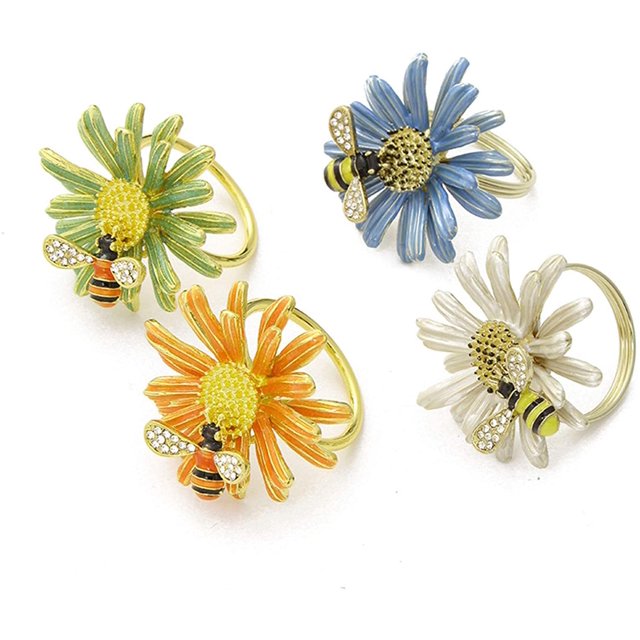 Bee Flower Gold Napkin Rings, Summer Sweet Holiday Napkin Rings 4-Piece Set, Napkin Cloth, Napkin Buckle for Wedding, Anniversary, Kitchen Table and Party Decoration, Beige+Orange+Blue+Matcha