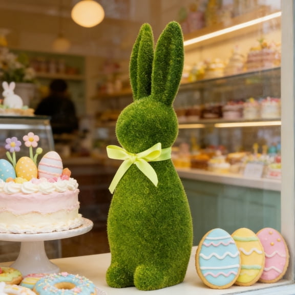 ElegantHaven Easter Bunny Decoration, 13.78in Lifelike Moss-Flocked Flocked Resin Bunny (Army Green) with Yellow Ribbon, Spring Table Centerpieces for Indoor Decor
