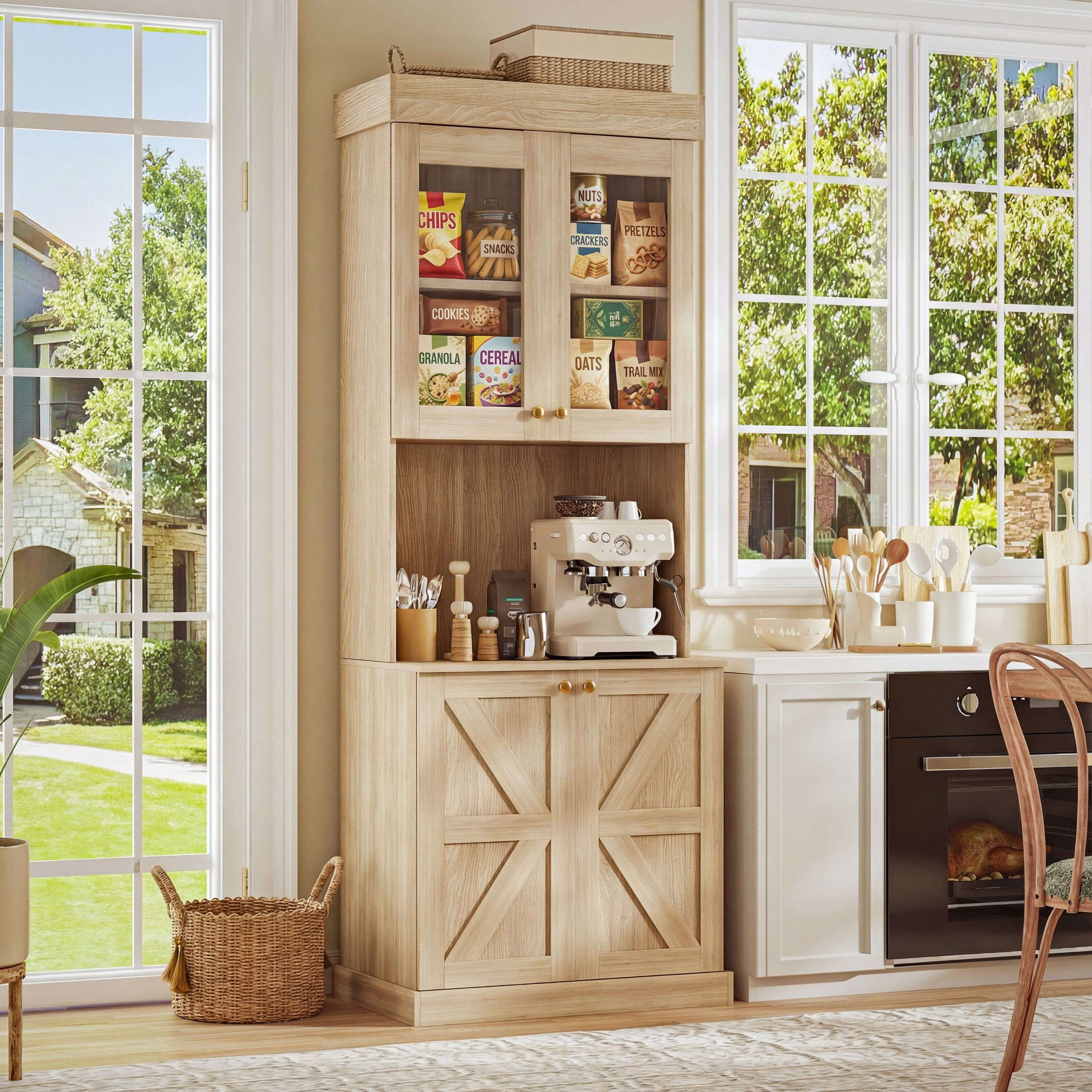 Farmhouse Pantry Cabinet 3-Piece Set, Brown, Glass Doors, Freestanding Microwave Stand, Storage Cabinet