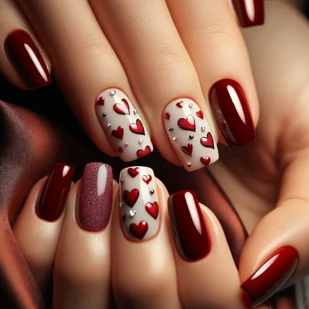 24 uñas postizas con diseño de corazones rojos para San Valentín, para usar, para usar, para usar.