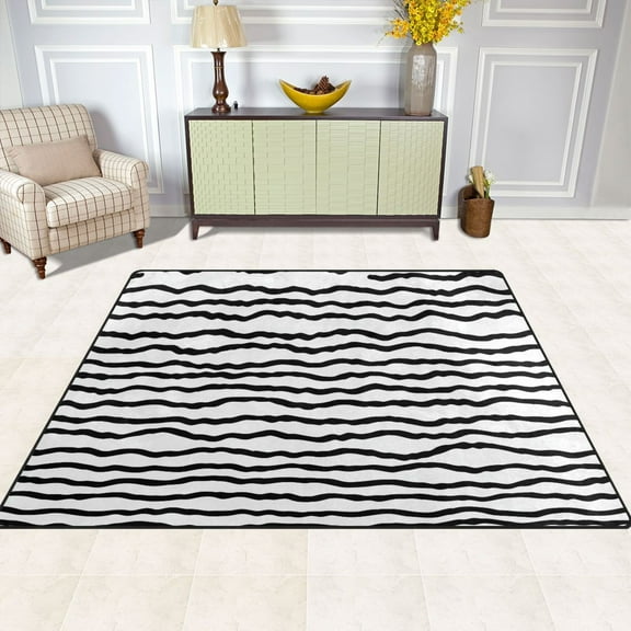 Black Wavy Lines Pattern 63''x48'' Plush Memory Foam Bath Mat, Soft, Absorbent, Non Slip, Durable