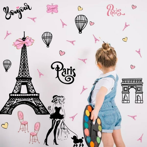 SUNNYCLUE Tower Wall Sticker Pink Wall Decals Peel and Stick Wall Art Decals PVC Wall Stickers Murals Removable Window Clings DIY Murals Kids Girls Living Room Wall Decor Gift