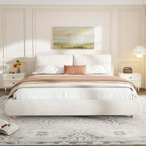 Modern minimalist upholstered bed, King Size, with upholstered headboard, covered in loop-pile fabric, no storage space, mattress not included, Beige