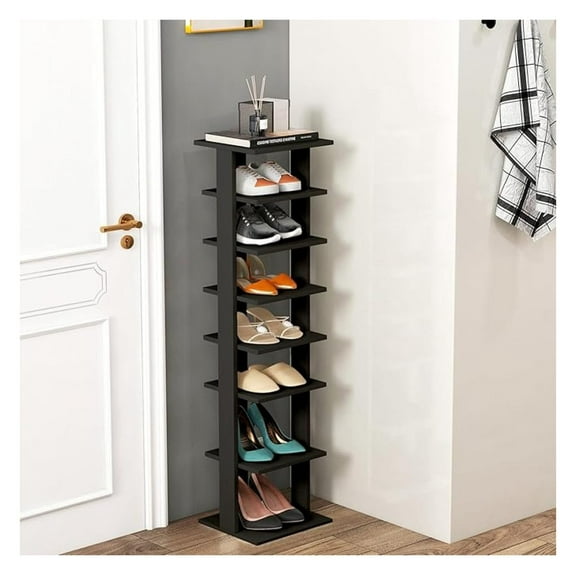 7 Tiers Vertical Shoe Rack, Wooden Slim Shoe Storage Shelf, Narrow Shoe Stand Tower for Boots, Space Saving Shoe Organizer for Closet, Entryway, Front Door (Small, Black)