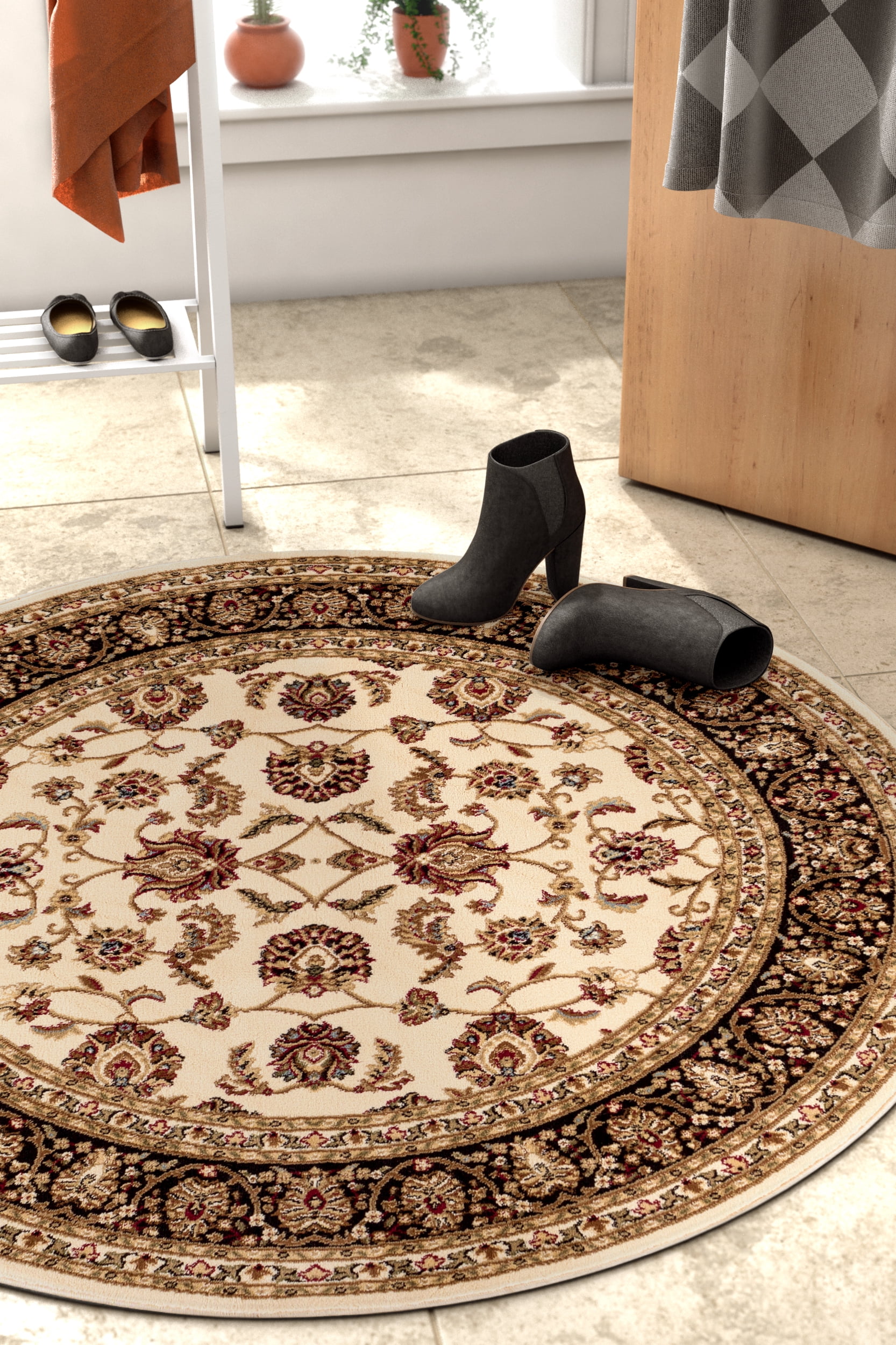 Well Woven Barclay Sarouk Traditional Oriental Panel Ivory 5'3" Round Rug