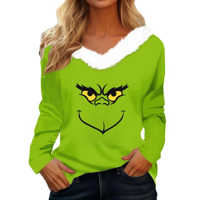 Women's Christmas Long Sleeve V-Neck T-Shirt Floral Pattern Polyester Blend Junior Fall Polyester Blend Junior Fall Winter Tee FN24749