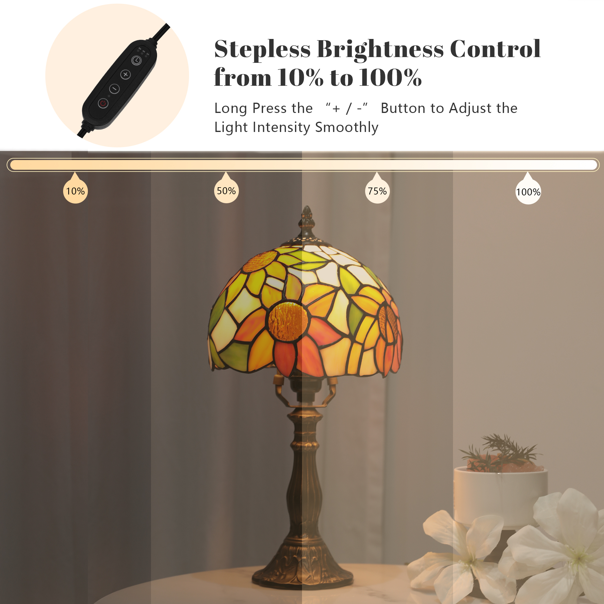 MEHOOM Sunflower Tiffany Style Table Lamps for Bedroom, Stained Glass Shade, LED 3-Color Dimmable with Auto Timer, Table Lamps for Living Room
