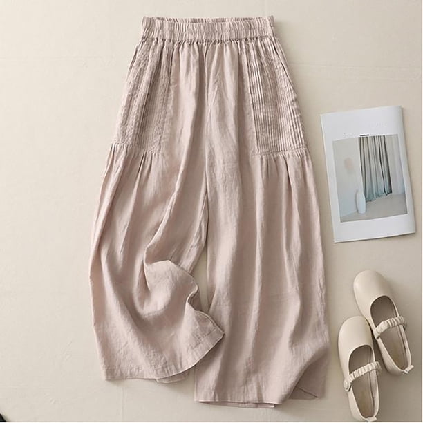 WILLBEST Pantalones Casuales Para Mujer: Elegantes Pantalones Anchos de Cintura Alta, Holgados, de Lino Fino, Ideales Para Cualquier Ocasión y Viaje. Pantalones de Verano Cómodos y A La Moda.