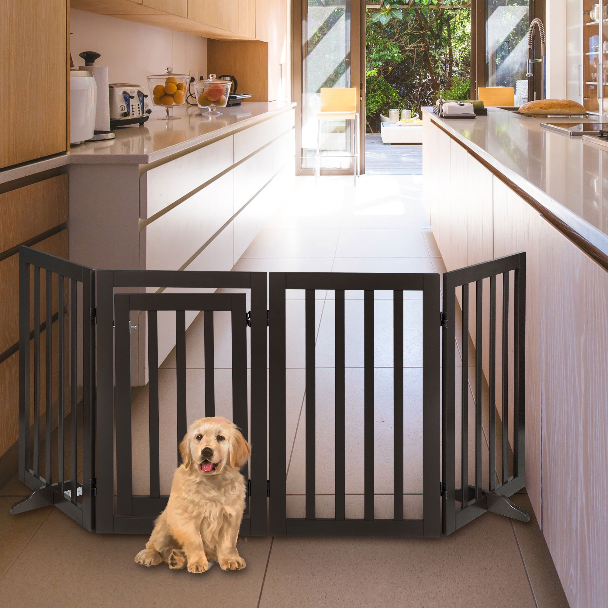 Lowestbest Dog Gate, Safety Gates for Pets, 4 Panel Freestanding Folding Wooden Pet Fence with 2