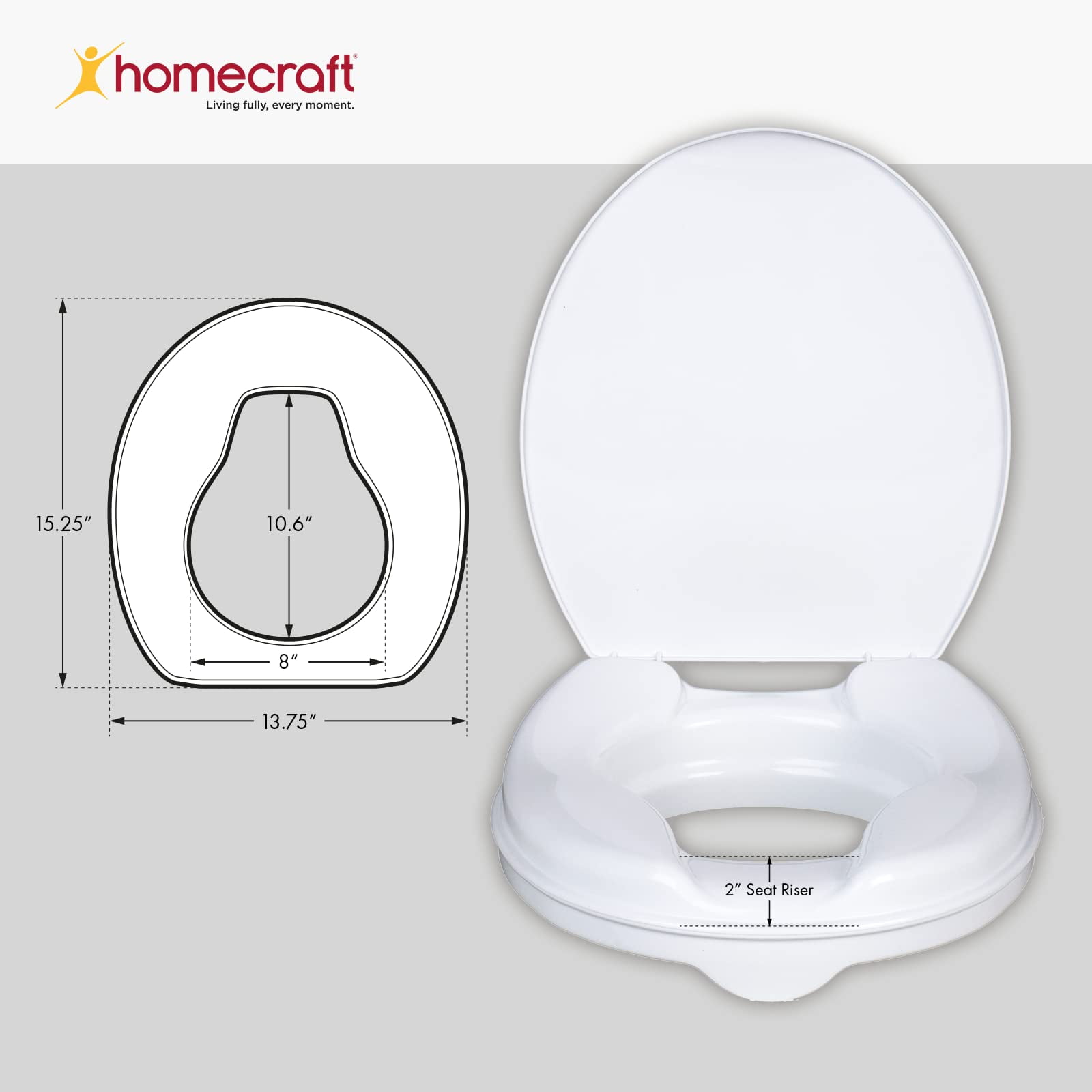 Homecraft Savanah Raised Toilet Seat with Lid, 2" High, 1 Pack