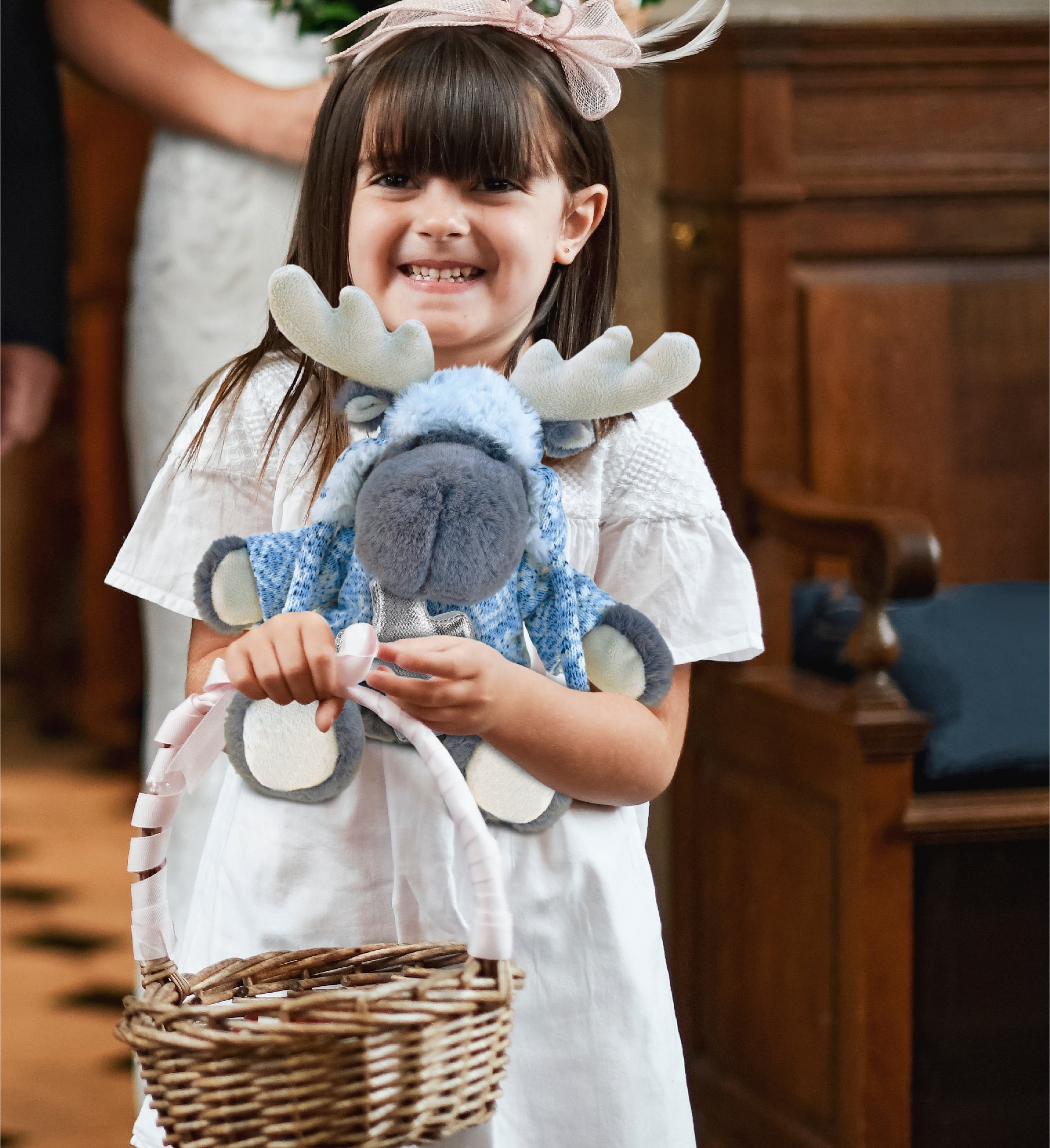DolliBu Grey Moose with Clothes Stuffed Animal with Silver Cross Plush - Religious Baby Baptism Gifts for Boys and Girls, Dedication Christening Gifts Plush Prayer Toy Healing Teddy Bear - 12 Inches