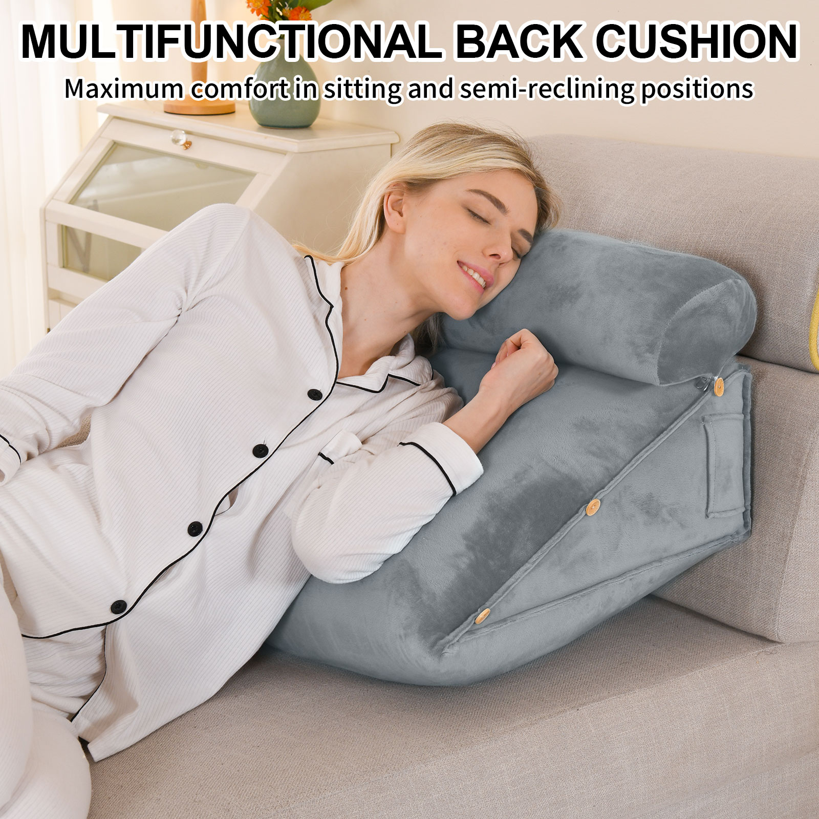Eurhowing Adjustable Bed Wedge Pillow, Memory Foam Triangular Headboard Pillow with Neck Roll Pillow, Back Support Rest Pillow for Reading & Sleeping, Light Gray