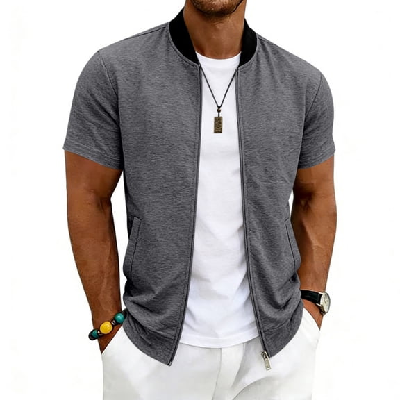 Full Zip T Shirts for Men Short Sleeve Summer 2026 Lightweight Cardigans with Pockets Casual Athletic Workout Shirts (Dark Gray,3XL)