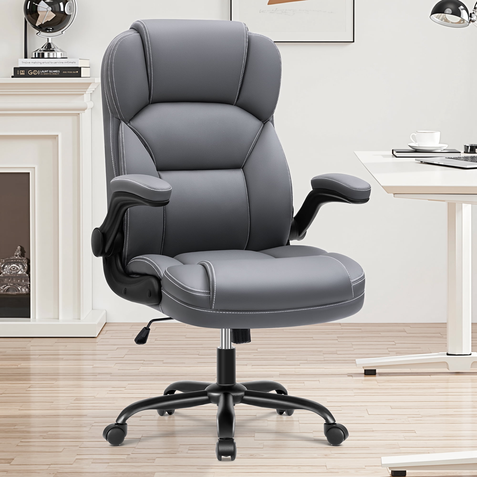 COOLHUT Bige and Tall Executive Office Chair 400lbs, Ergonomic PU Leather Computer Desk Chair with Flip-Up Armrests, Comfy Heavy Duty Office Chair for Home Office Gaming, Gray
