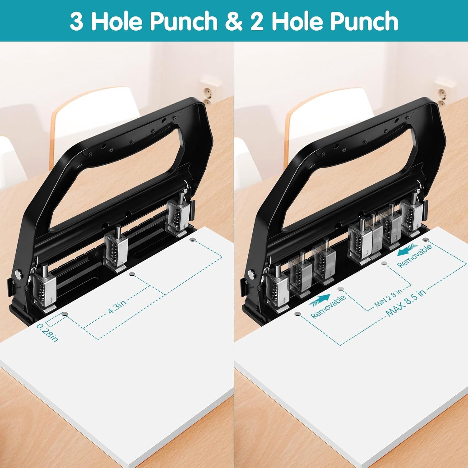 Heavy Duty Hole Punch, 50-Sheet Capacity, Reduced Effort, Adjustable Two & Three Hole, Metal Paper Puncher with Large Chip Tray and Metal Paper Guide, Black, HP18