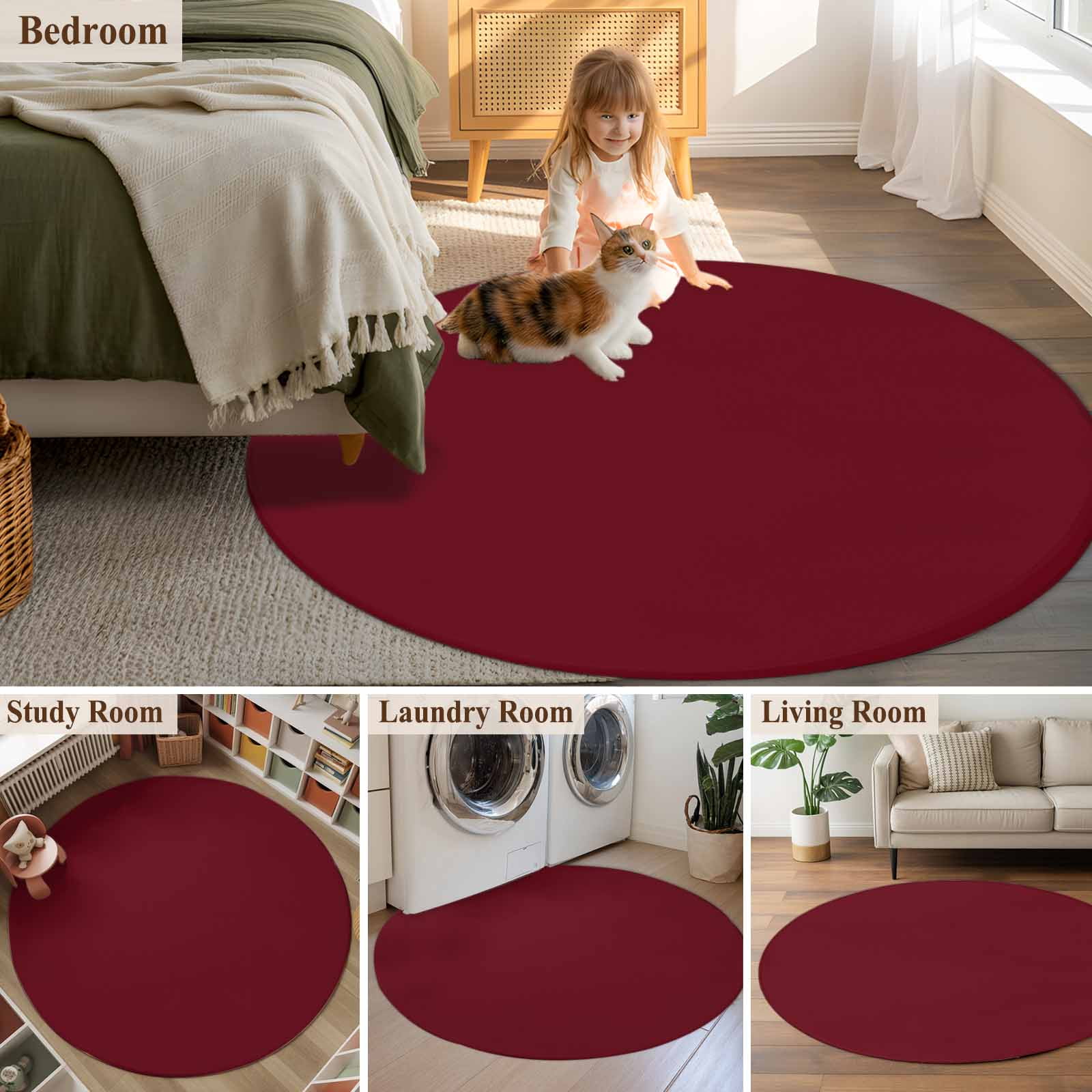 Round Area Rug 4ft,Wine Red Dark Maroon Washable Carpet Non-Slip Runner Accent Rugs Indoor Floor Mat for Bedroom Living Room Decor,Burgundy Red