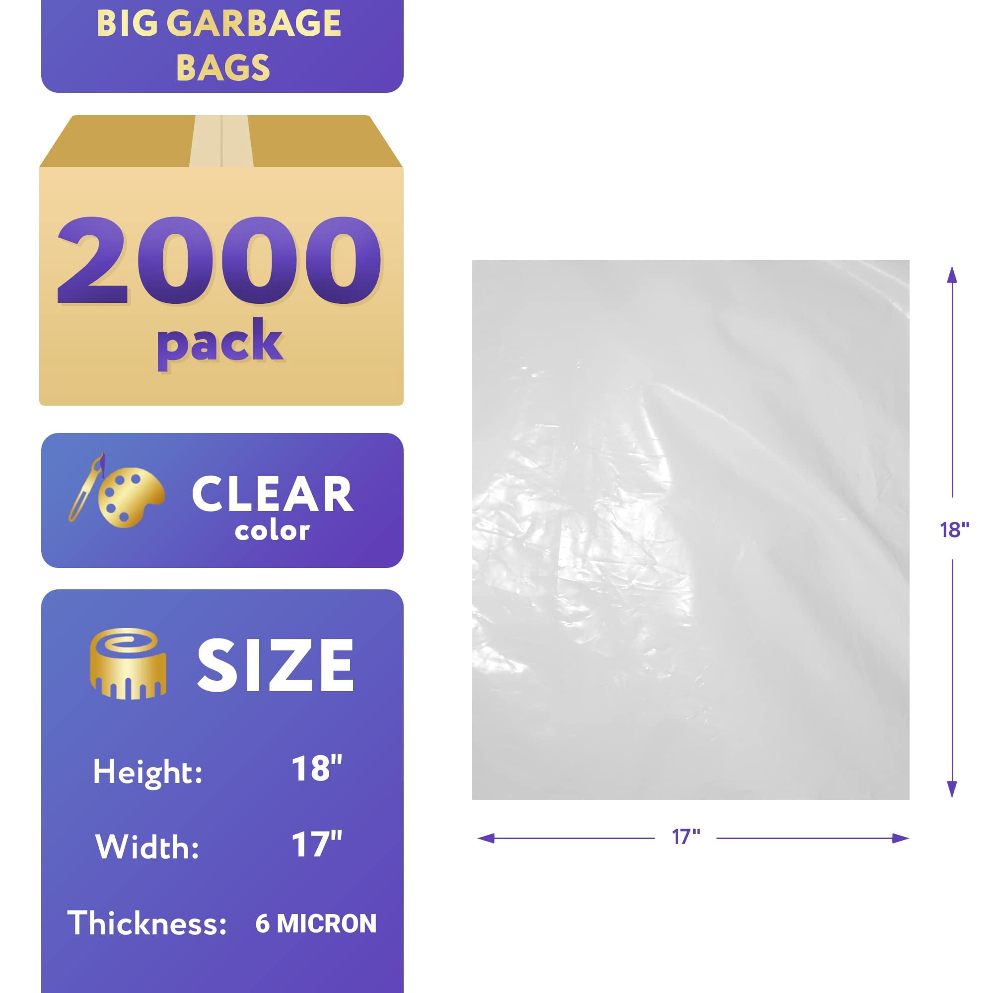 Clear Trash Bags, High Density Polyethylene Liners, 2000 Count, 17 x 18 in