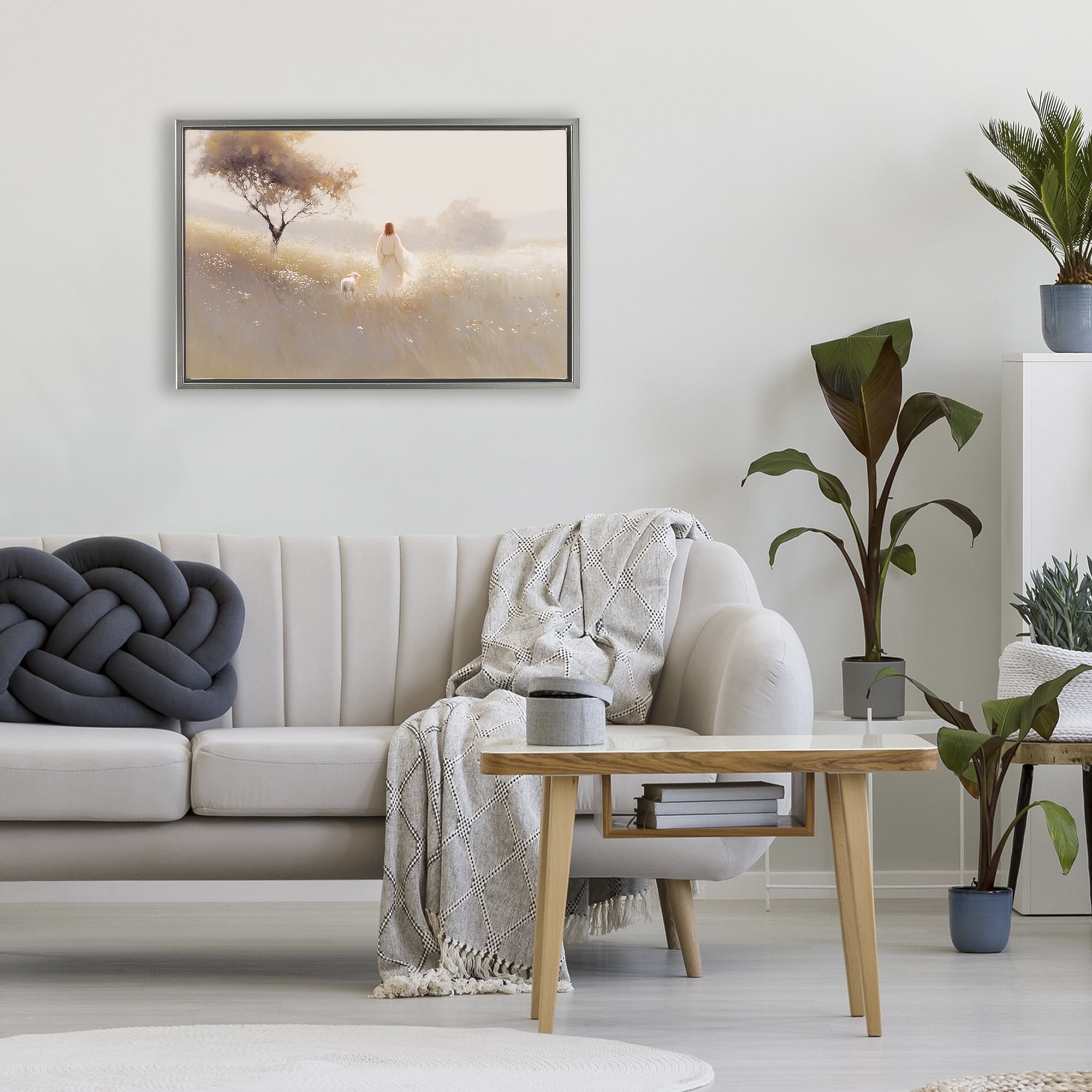 Stupell Industries Spiritual Shepherd & Lamb Gray Framed Floater Canvas Wall Art, design by Jacky Ngan