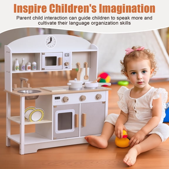 Kitem Play Kitchen for Kids, Wooden Play Kitchen Set with Rich Accessories, Sturdy Construction Pretend Play Kitchen Set, Children Dollhouse Toys for Training Motor Skills, Type A