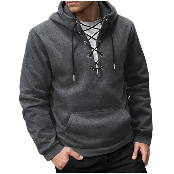 Men's Sweatshirts Sevevn Mens Sweatshirts Lace Up Hooded Pullover Long Sleeve Cargo Workout Outdoor Hoodies with Pocket