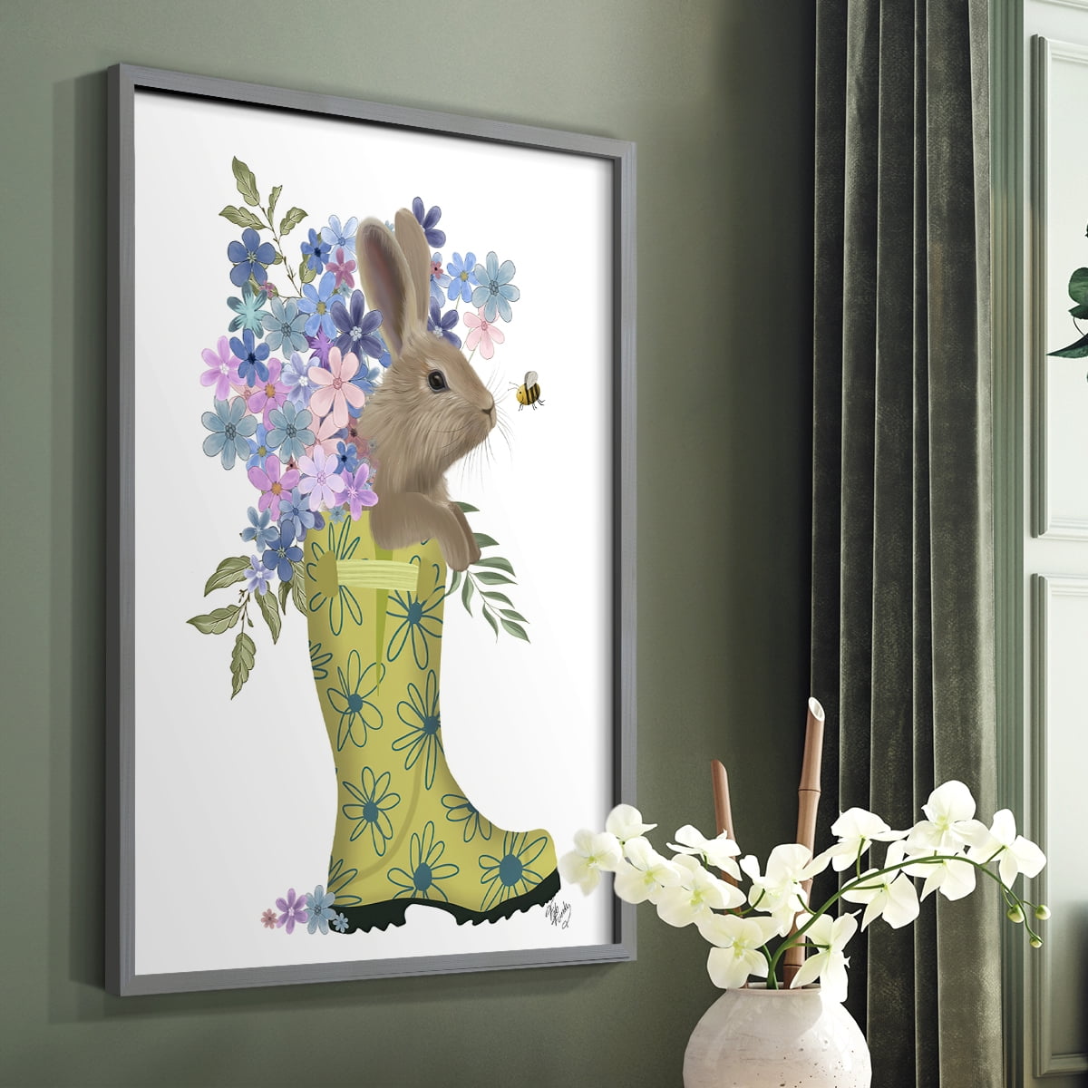 Welly Bunny And Bee Framed Print in Gray Solid Wood 8 x 10 Framed Print