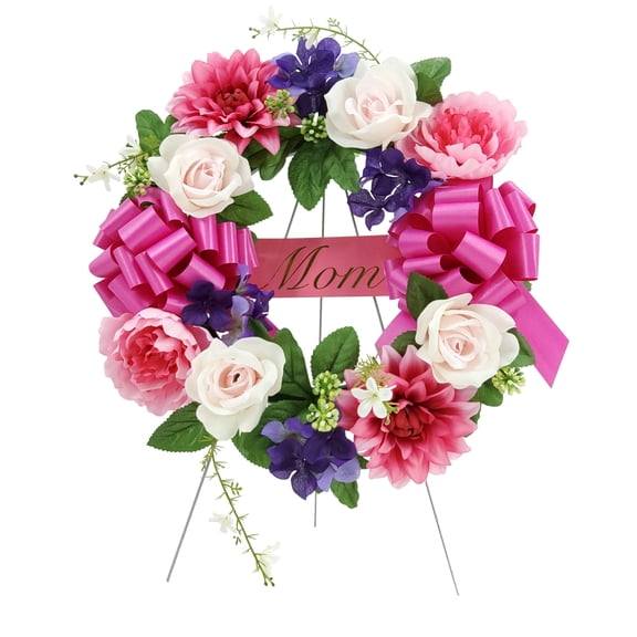 Mainstays 17in Outdoor Artificial Dahlia Wreath,Pink Color. Polyester.