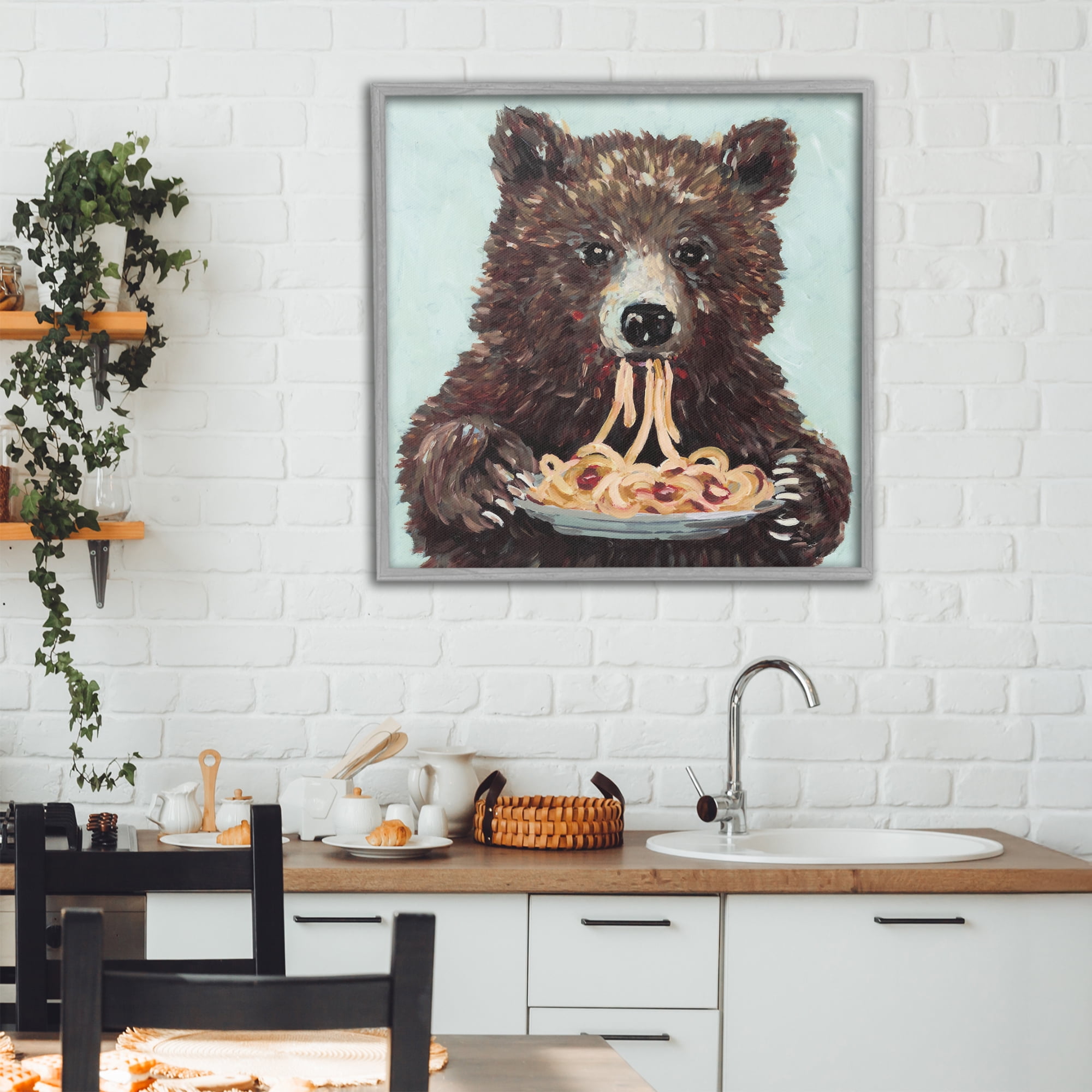 Whimsical Bear & Spaghetti Gray Framed Giclee Art, design by Studio Bautista