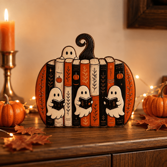 Cmunyle Wooden Pumpkin Bookend Decor with Reading Ghost Design for Indoor Halloween Bookshelf Mantel and Tabletop Display