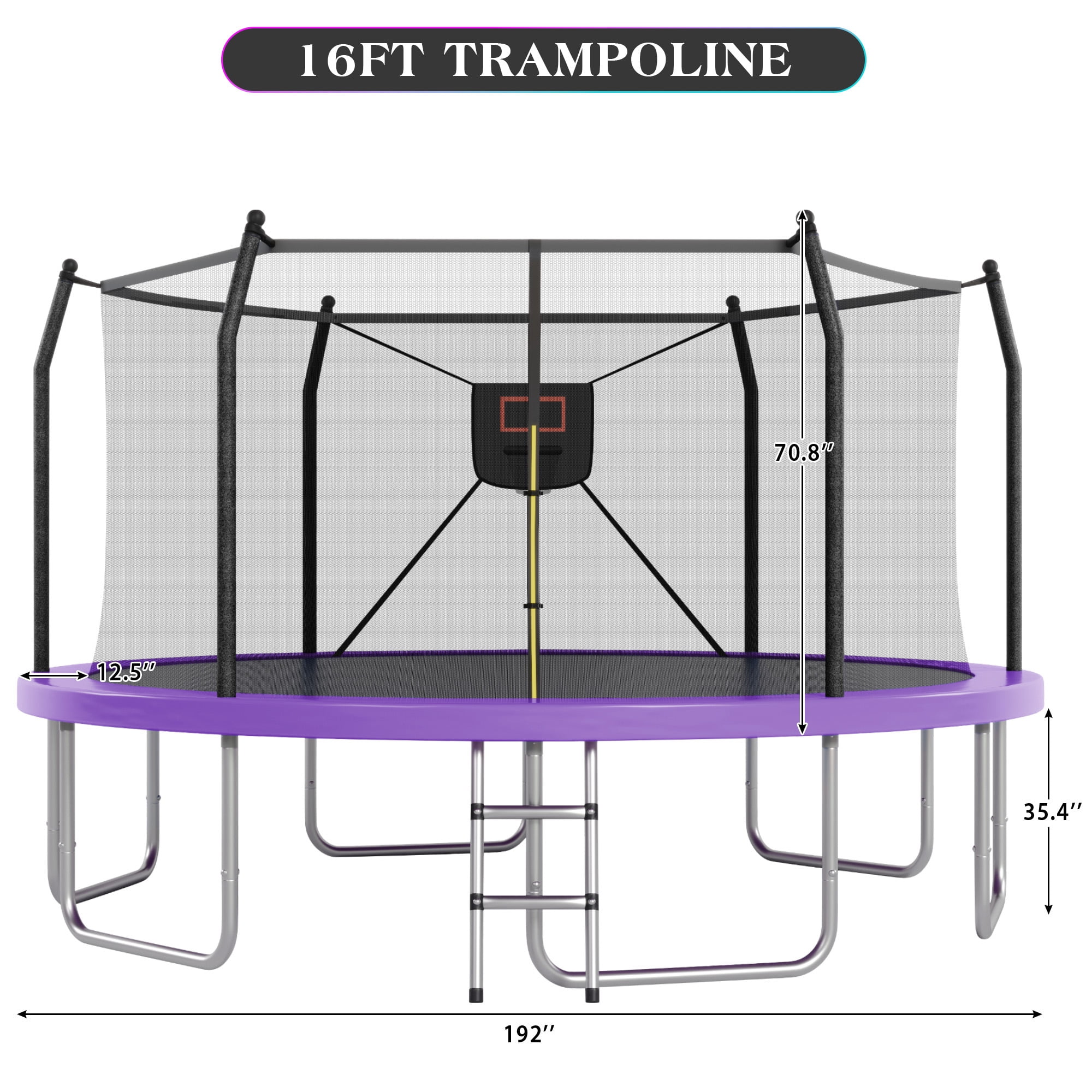 Arspjes 16FT Trampoline with Basketball Hoop and Lights, Outdoor Recreational Trampoine for Kids and Adults,Purple