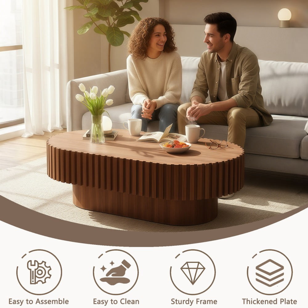 Oval Coffee Table, Mid Century Modern Fluted Coffee Table with Pedestal, Walnut Wood Center Table for Living Room, Apartment, Office, Small Space