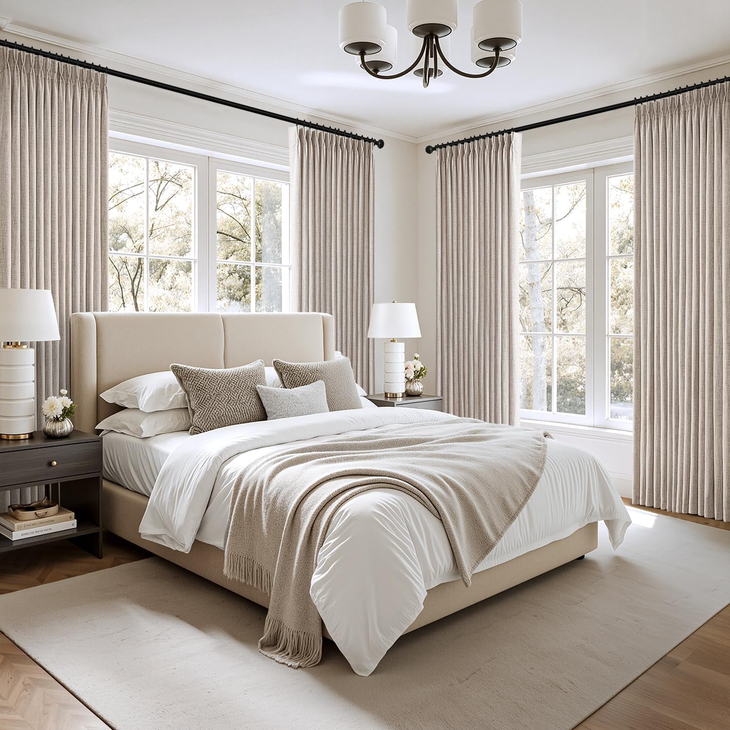 Pinch Pleated Thick Linen Curtains 96 Inch 4 Panels Set Back Tab Memory Trained Pinch Pleat Semi Sheer Light Filtering Privacy Curtain Let Light in Window Drapes for Living Room Bedroom Natural