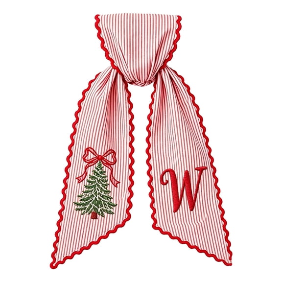 WEIOUKC Christmas Wreath Sash for Front Door, Red & White Striped Fabric Wreath Bow Sash with Embroidered Letter & Christmas Tree, Festive Hanging Decoration for Home