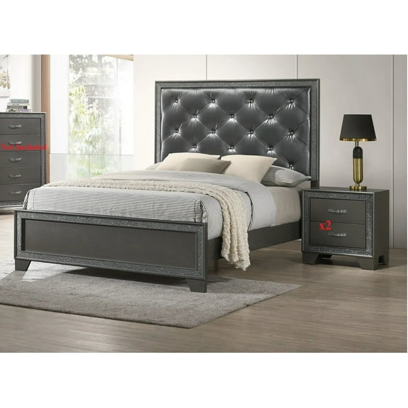 3pc Modern Glam King Size Panel Bed and Nightstand Set Button-Tufted Headboard Dark Gray Finish Bedroom Furniture