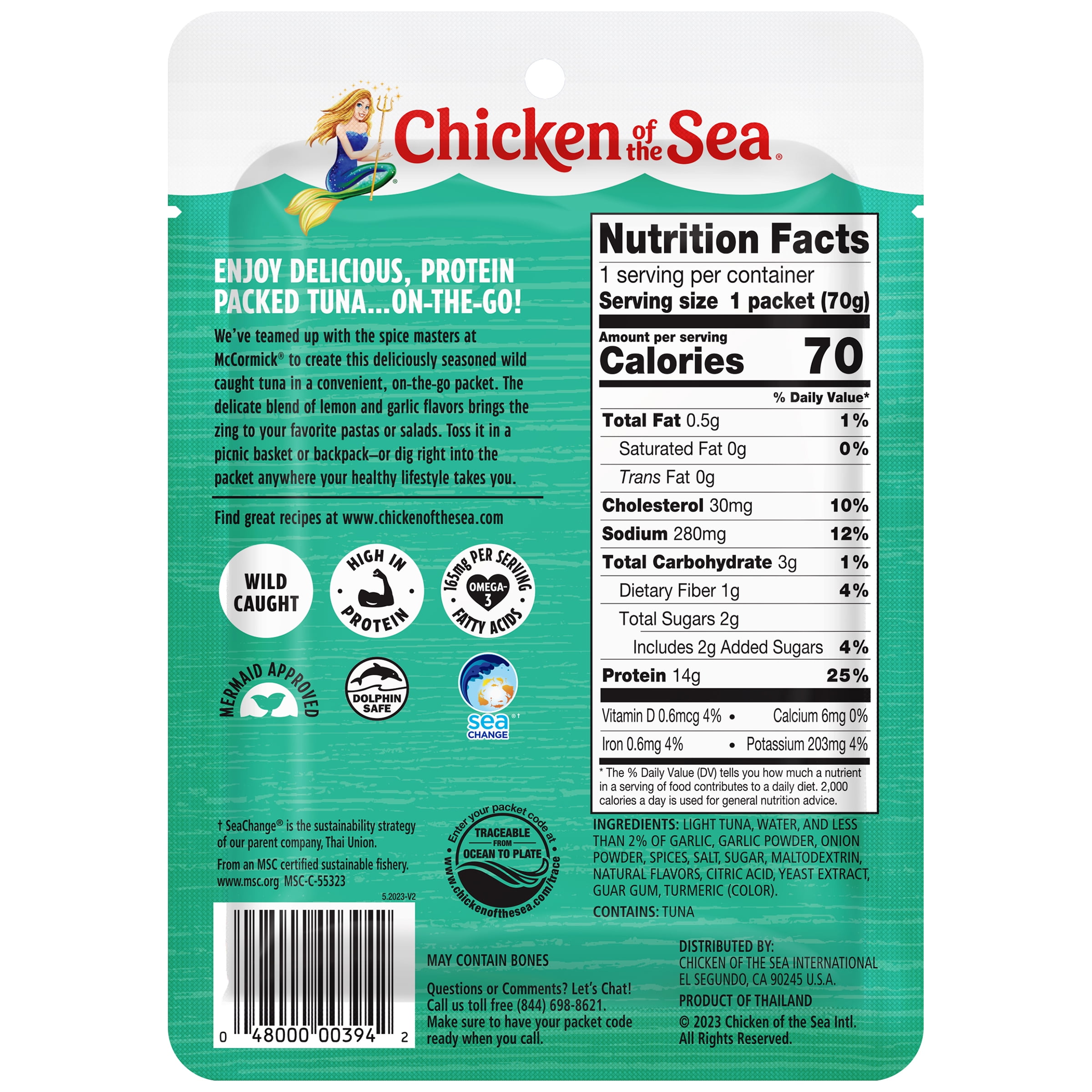(4 pack) Chicken of the Sea Wild Caught Light Tuna Packet, Lemon Garlic 2.5 oz