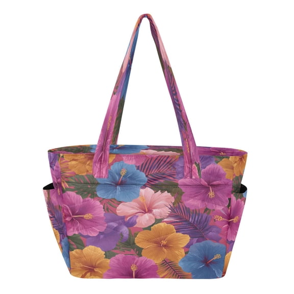 Quilted Tote Bag Large Capacity Multi-Compartment Handbag Lightweight Structured Shoulder Bag Versatile Casual Bag Gorgeous Tropical Plant Flowers