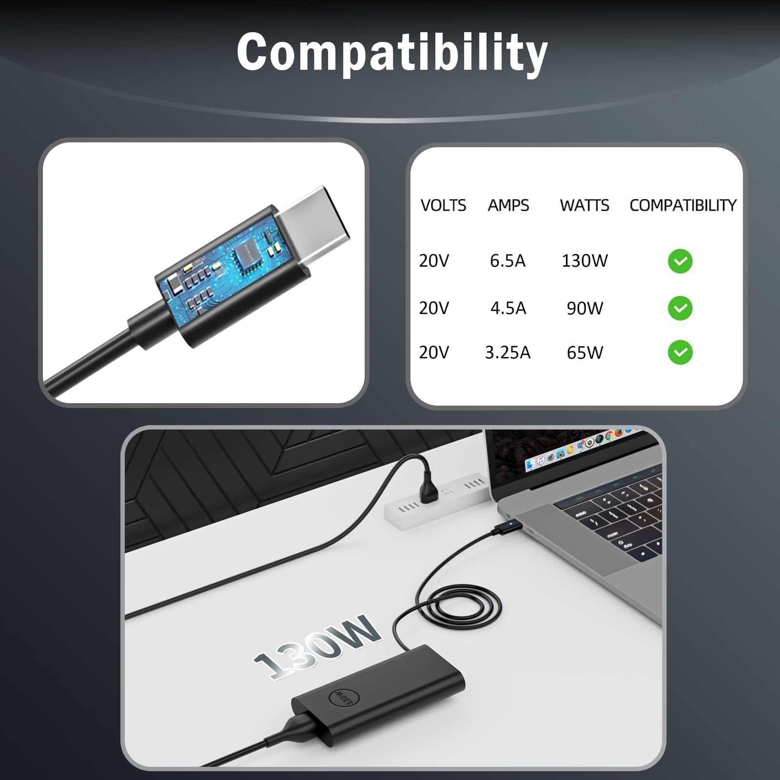 130W USB C Type C Adapter Laptop Charger Compatible with Dell XPS 15 2in1 9575 Precision 5530 2in1 5550 5750 3560 3550 3551 Latitude 7410 7310 7210 9410 9510 9575 5420 5520 5510 Power Supply Cord
