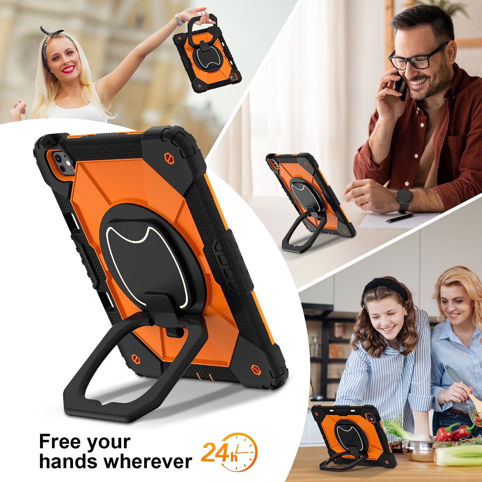 Dteck with Pencil Holder Case for iPad Pro 13 inch 2024,Heavy Duty Silicone Case 360 Degree Rotating Handle Stand Cover with Shoulder Strap for iPad Pro 13-in. (M4) ,Black+Orange