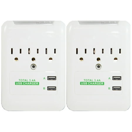 RND Wall Power Station includes 3 AC Plugs and 2 USB ports (3.4A total) with Surge protection for iPhone, iPad, Samsung Galaxy, LG, HTC, Moto and all USB Compatible Devices (2-Pack)
