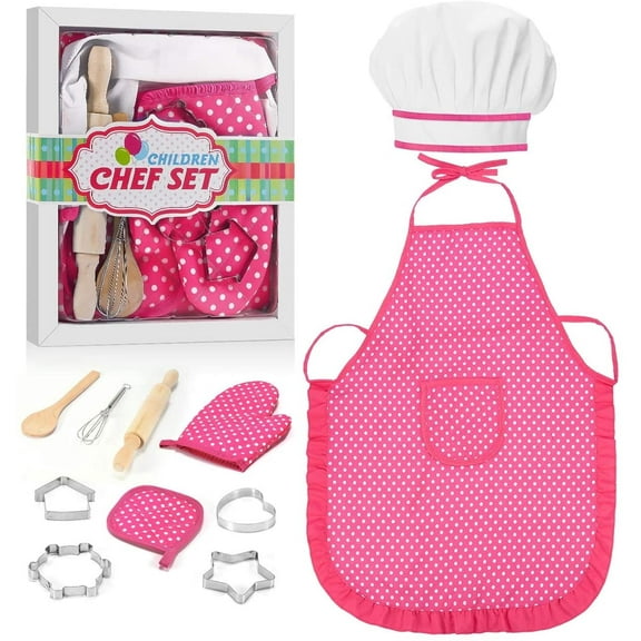 TiokMc Kids Cooking Set, 11 Piece Chef Role Play Kit for Girls Ages 3-8, Includes Apron, Chef Hat, Oven Mitt, Utensils & Baking Tools, Pretend Play Kitchen Gift, Pink