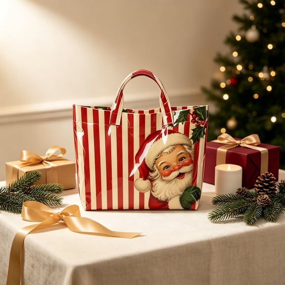 Vintage Santa Christmas Tote Bag, Waterproof PVC Coated Canvas Large Holiday Shopping Bag with Handles for Gifts and Seasonal Carrying