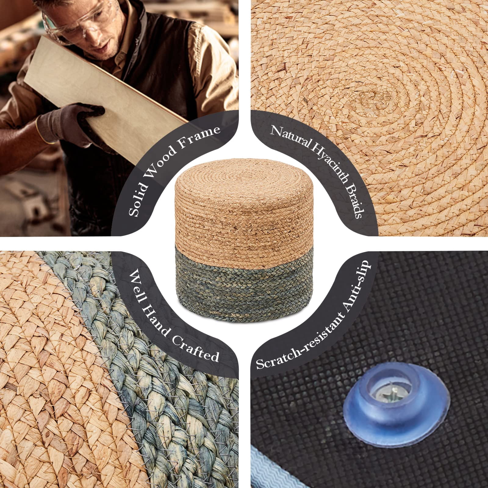 Handwoven Cattail Pouf Ottoman, Lightweight Durable Natural Jute Footrest, Versatile Vanity Stool Shoe Bench for Balcony Garden Living Room