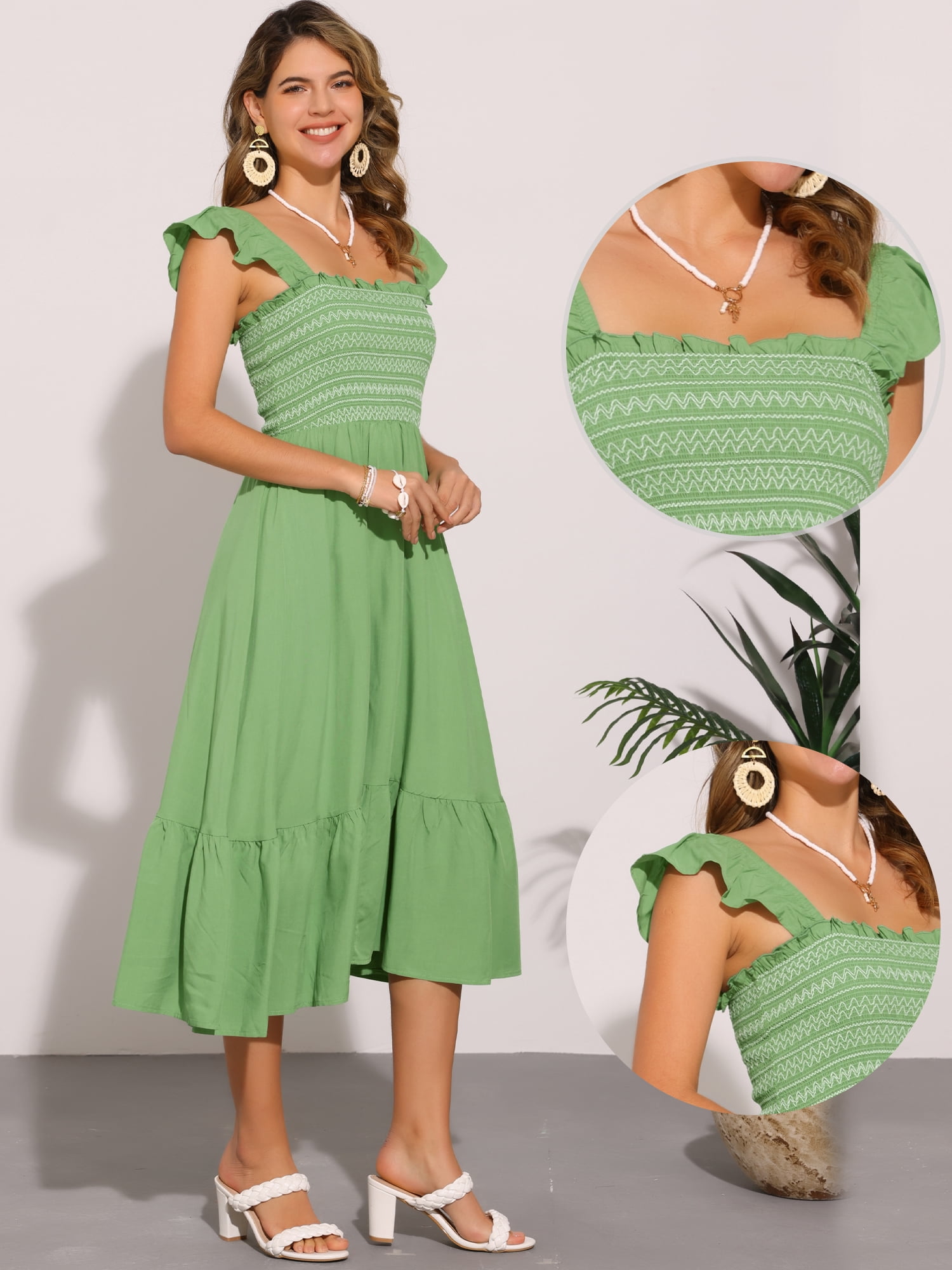 DARING DIVA Square Neck Boho Sleeveless Ruffle Tiered Smocked Sundress L Dark Green
