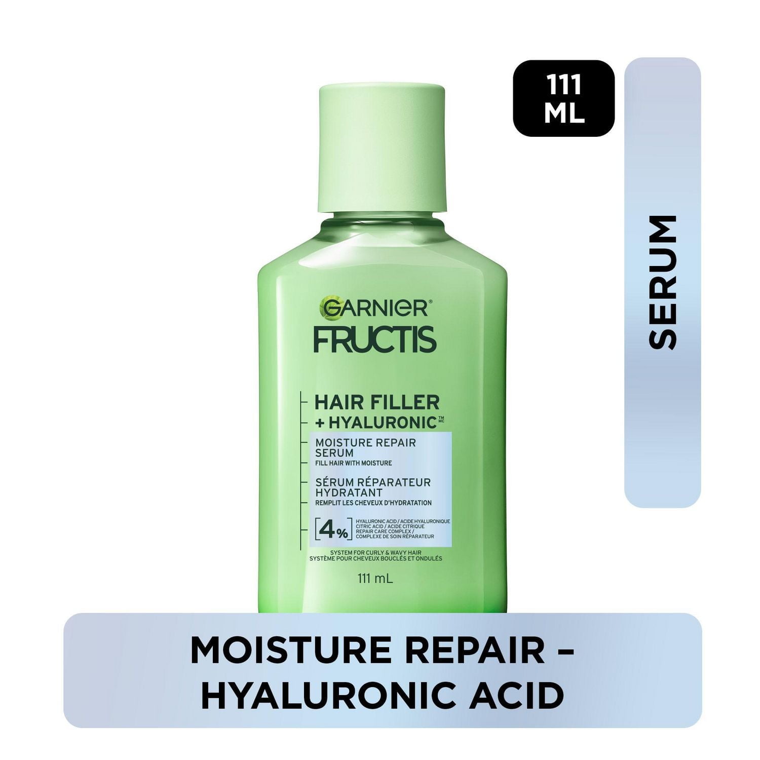 Garnier Fructis Hair Fillers + Acide Hyaluronique Sérum Sans Sulfates Réparateur Hydratant, pour Cheveux Bouclés & Ondulés, jusqu'à 15X plus Humides & 100 heures de Contrôle des Frisottis, 111ml Hydrate les cheveux bouclés
