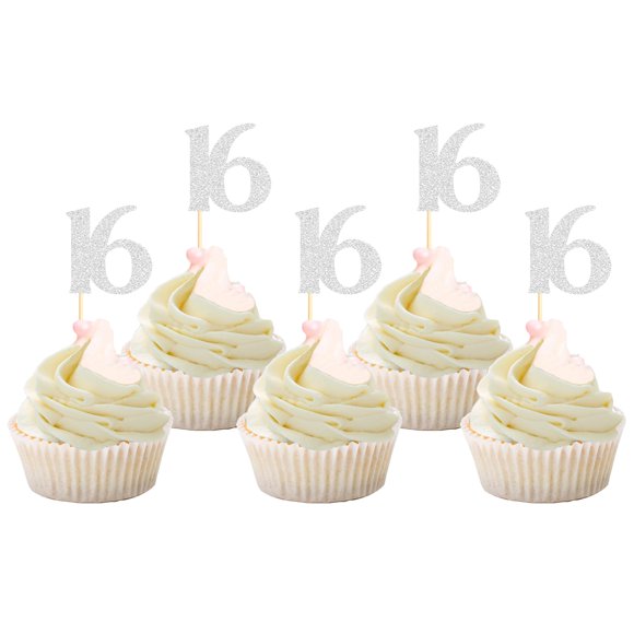 Cupcake Toppers Sotpot Happy 16 Birthday, paquete de 30 unidades, color plateado