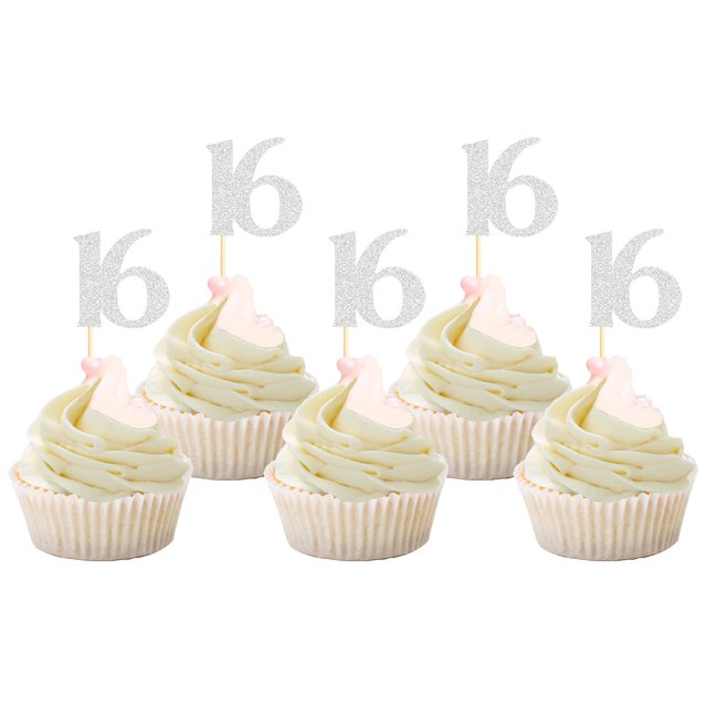 Cupcake Toppers Sotpot Happy 16 Birthday, paquete de 30 unidades, color plateado