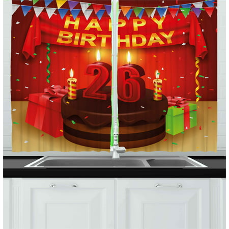 26th Birthday Curtains 2 Panels Set, Chocolate Cake with Candles and Ribbons Surprise Event Best Wishes Image, Window Drapes for Living Room Bedroom, 55W X 39L Inches, Multicolor, by