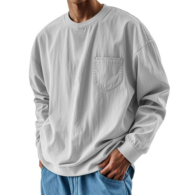 ylioge T-Shirts pour Hommes Grands et Forts avec Poche Manches Longues Grande Taille P-4X T-Shirts Décontractés Unis Chandail Col Rond Basiques pour Sortir Chandails en Molleton Tops