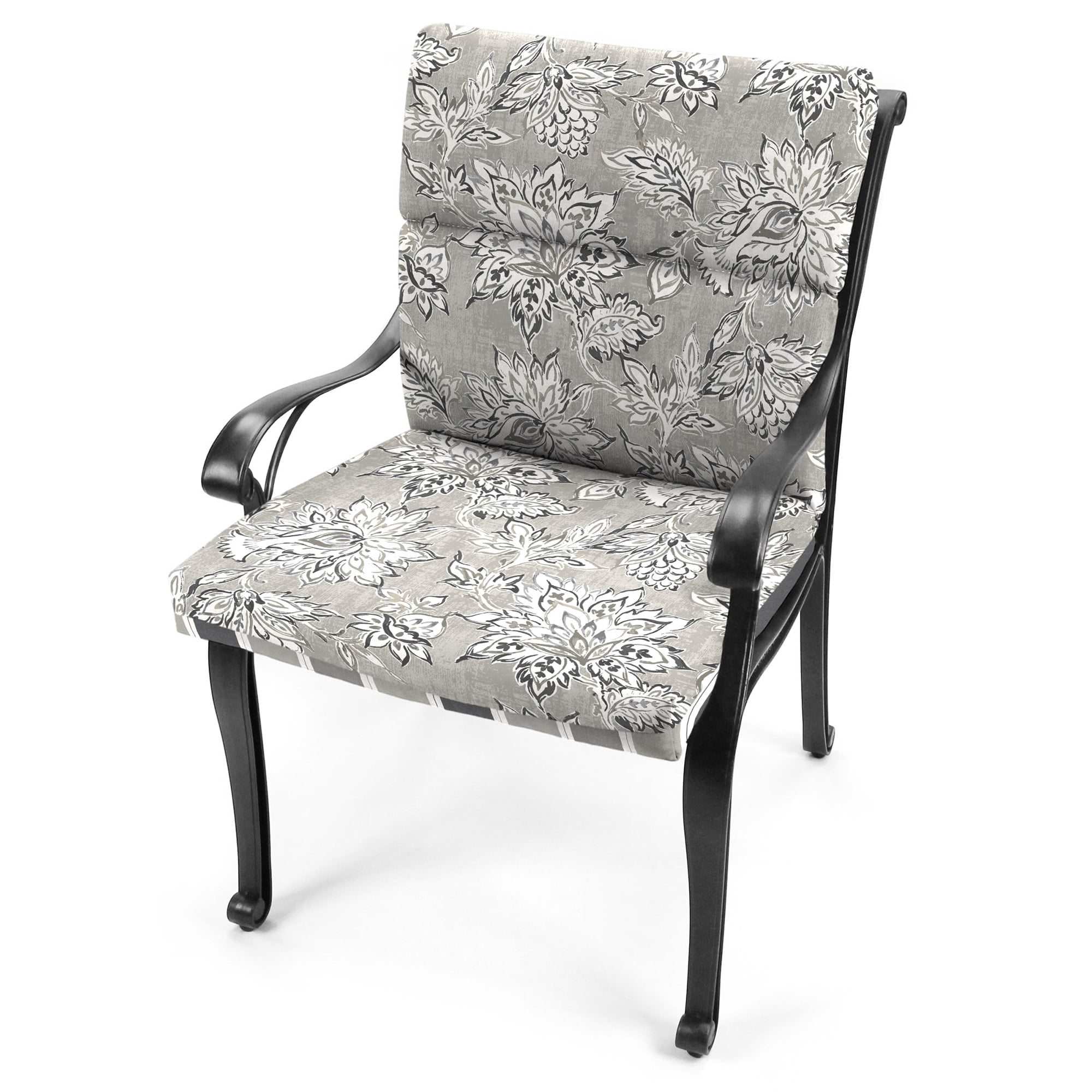 Jordan Manufacturing 44" x 22" Fitch Gray Stripe and Adair Gray Jacobean Reversible Rectangular Outdoor Chair Cushion with Ties and Hanger Loop