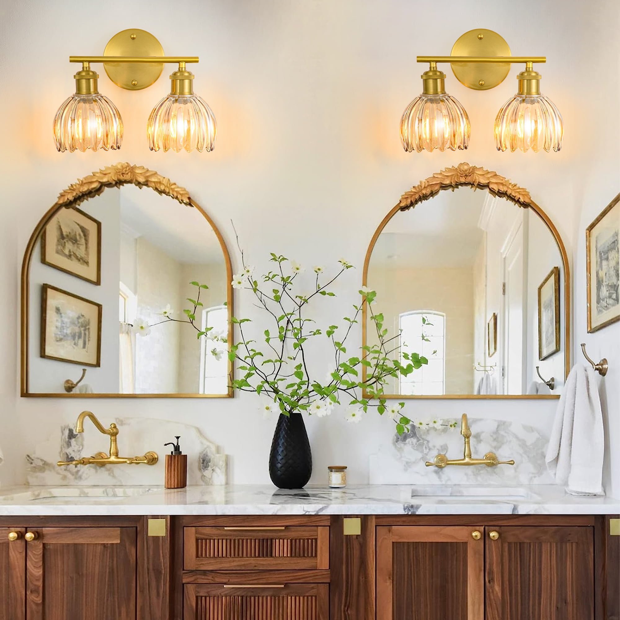GCGAFUL Modern Gold Bathroom Vanity Light Fixtures, 12 in. 2-Light Bathroom Lights Fixtures Over Mirror with Amber Tulip Glass Shade